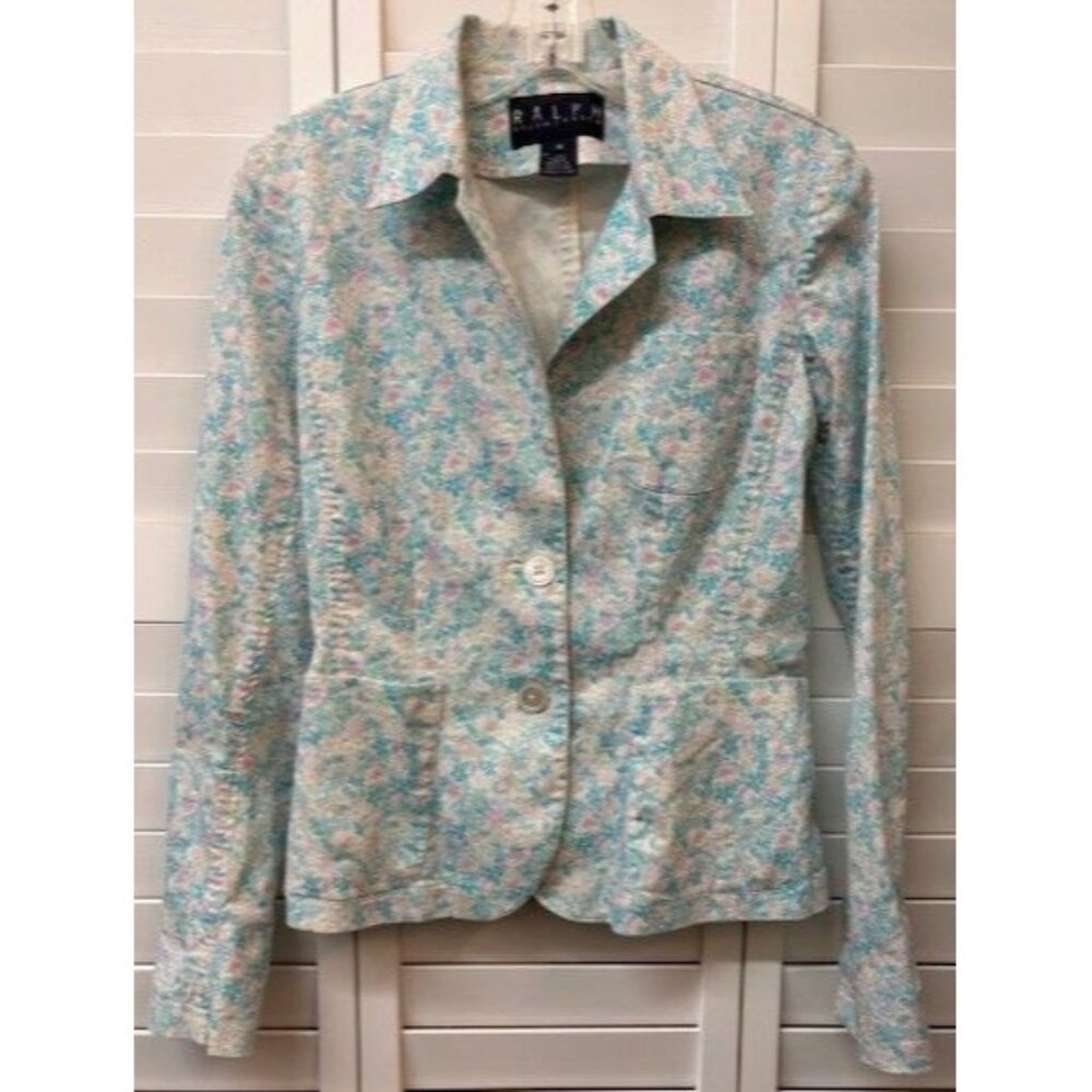 Ralph Lauren Floral‎ Print Cotton Blazer Womens Size 8 Light Blue & Pink